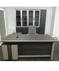 Modern Grey Office Desk with Storage & Glass Cabinet