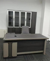 Modern Grey Office Desk with Storage & Glass Cabinet