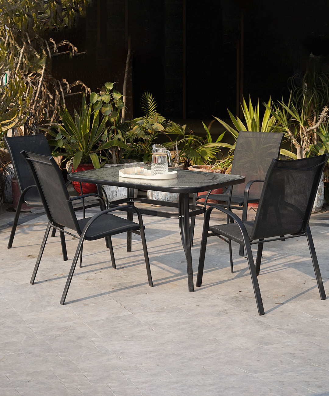 Modern Outdoor Dining Set - Metal Frame & Glass Table