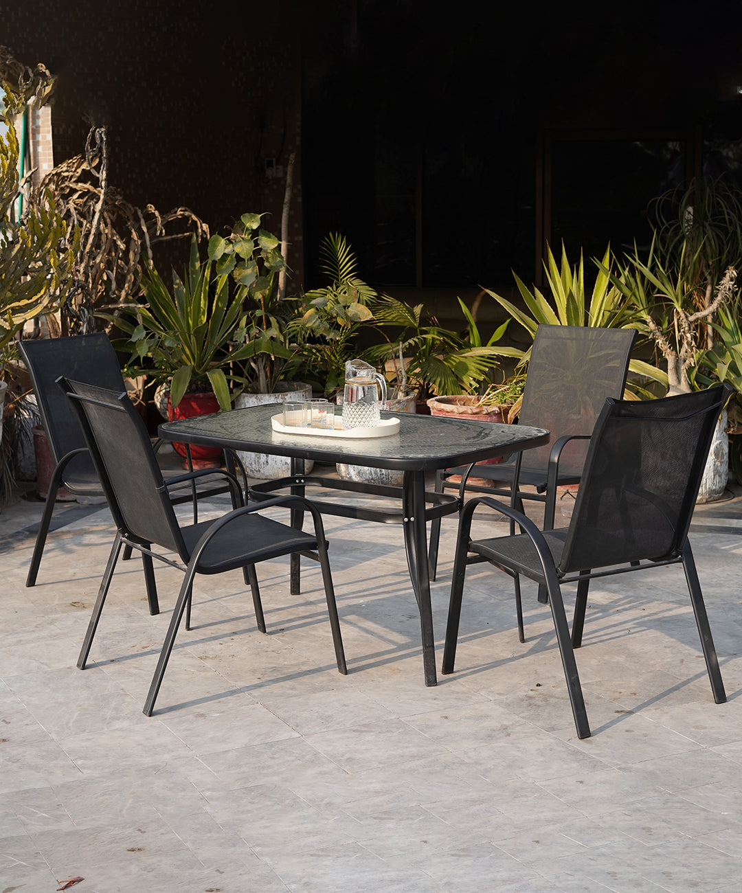 Modern Outdoor Dining Set - Metal Frame & Glass Table